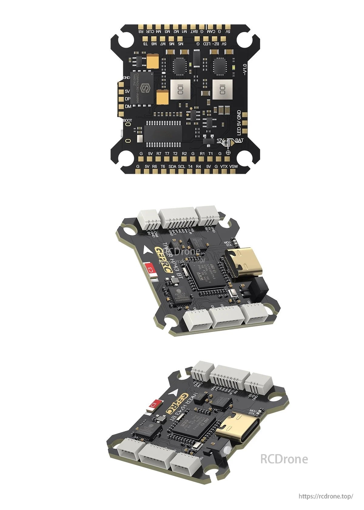 GEPRC TAKER H743 BT flight controller PCB with USB-C port and multiple plug connectors, top and angled views
