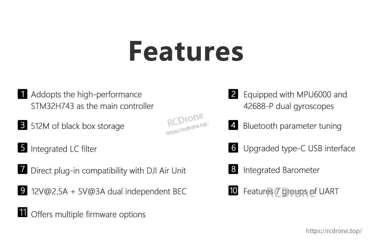 Feature list graphic for TAKER H743 BT flight controller: STM32H743, dual gyros, 512M blackbox, Bluetooth tuning, USB-C.