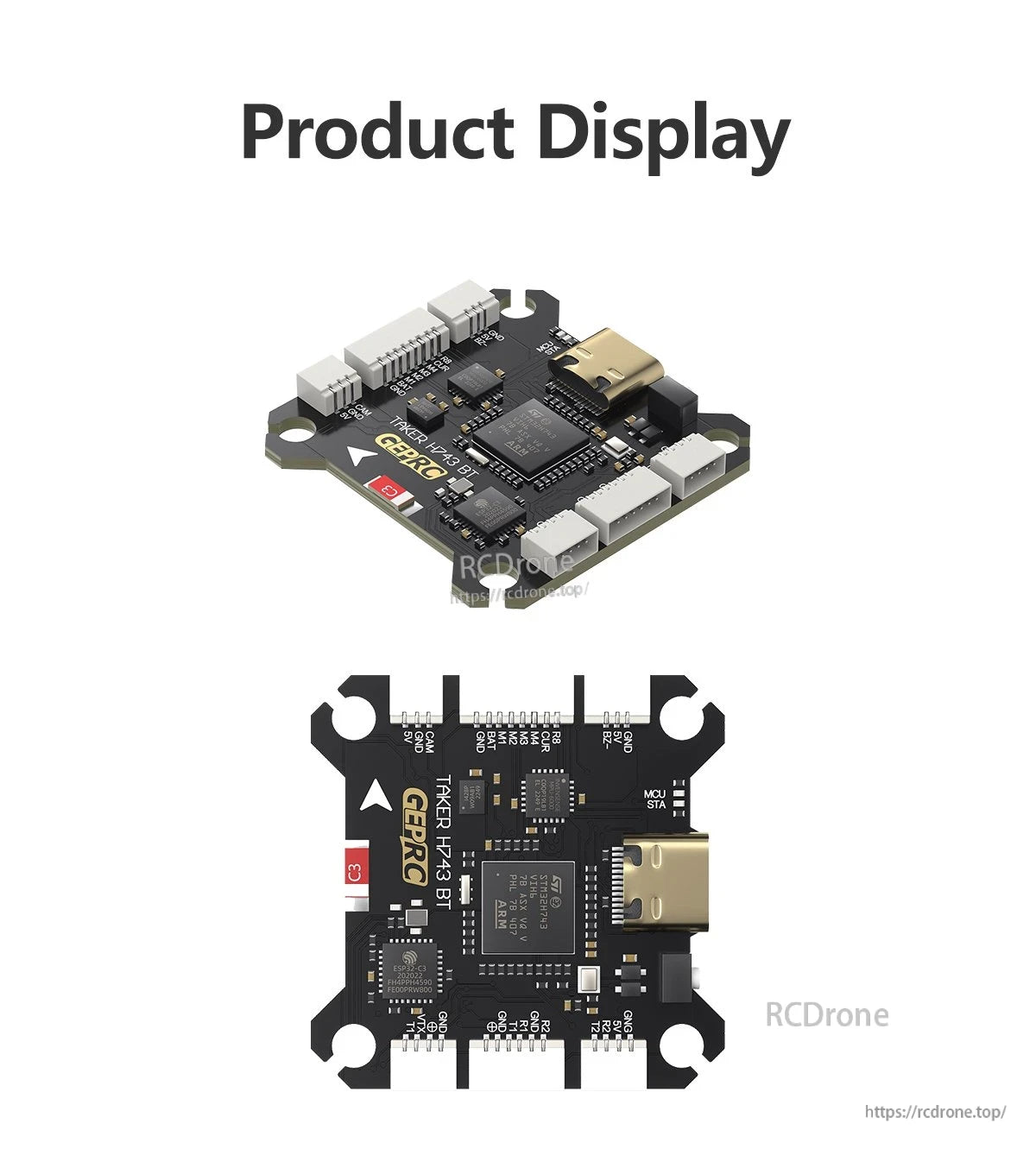 TAKER H743 BT Flight Controller, GEPRC TAKER H743 BT drone flight controller board shown top and bottom, with USB-C port and multiple plug connectors