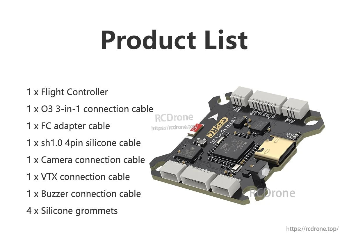TAKER H743 BT Flight Controller, H743 drone flight controller board with USB-C port and multiple connector sockets, shown beside included cables list