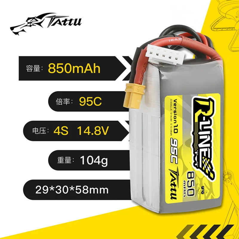 TATTU R-Line 1.0 14.8V 4S 850mAh 95C Lipo Battery, Product specifications for Teranty high-concerned lithium battery-powered airplane and remote control toys.