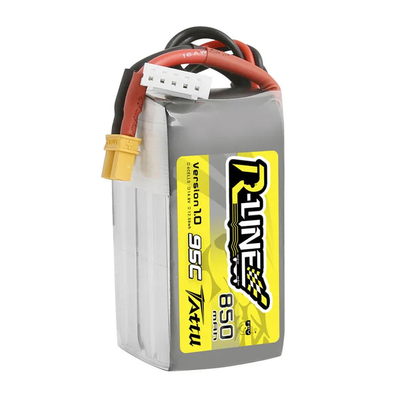 TATTU R-Line 1.0 14.8V 4S 850mAh 95C Lipo Battery, The Teranty 4S lithium battery is designed for high-performance vehicles and remote control toys, with a capacity of 14.8V 850mAh.