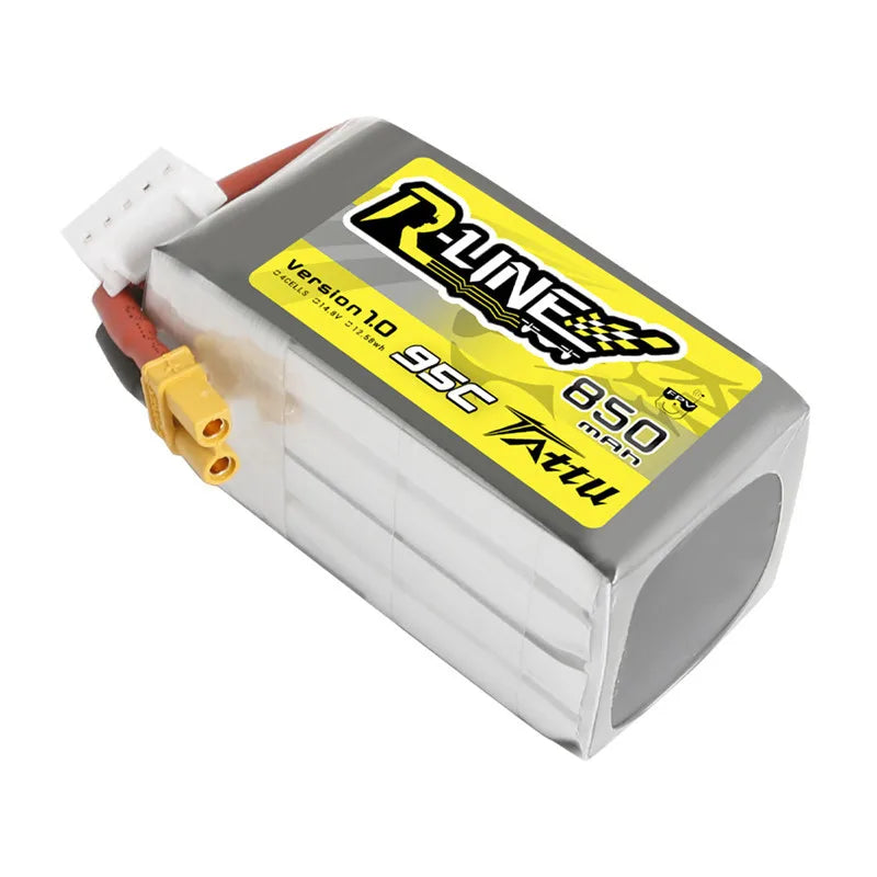 组 2.jpg TATTU R-Line 1.0 14.8V 4S 850mAh 95C Lipo Battery, A lithium-ion battery for FPV racing drones with an XT30 connector, featuring a 14.8V voltage and 850mAh capacity.
