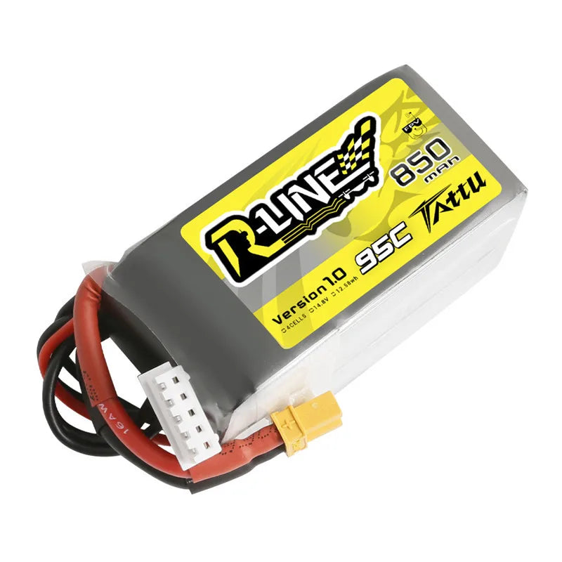 TATTU R-Line 1.0 14.8V 4S 850mAh 95C Lipo Battery, A high-concerned lithium battery for remote control airplanes and vehicles, with specifications including voltage, capacity, and four-wheel drive attributes.