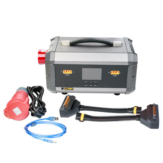 TATTU TA7200 Dual-Channel Smart Charger, TATTU TA7200 dual-channel smart battery charger with handle, LCD screen, CHA/CHB ports, and cables