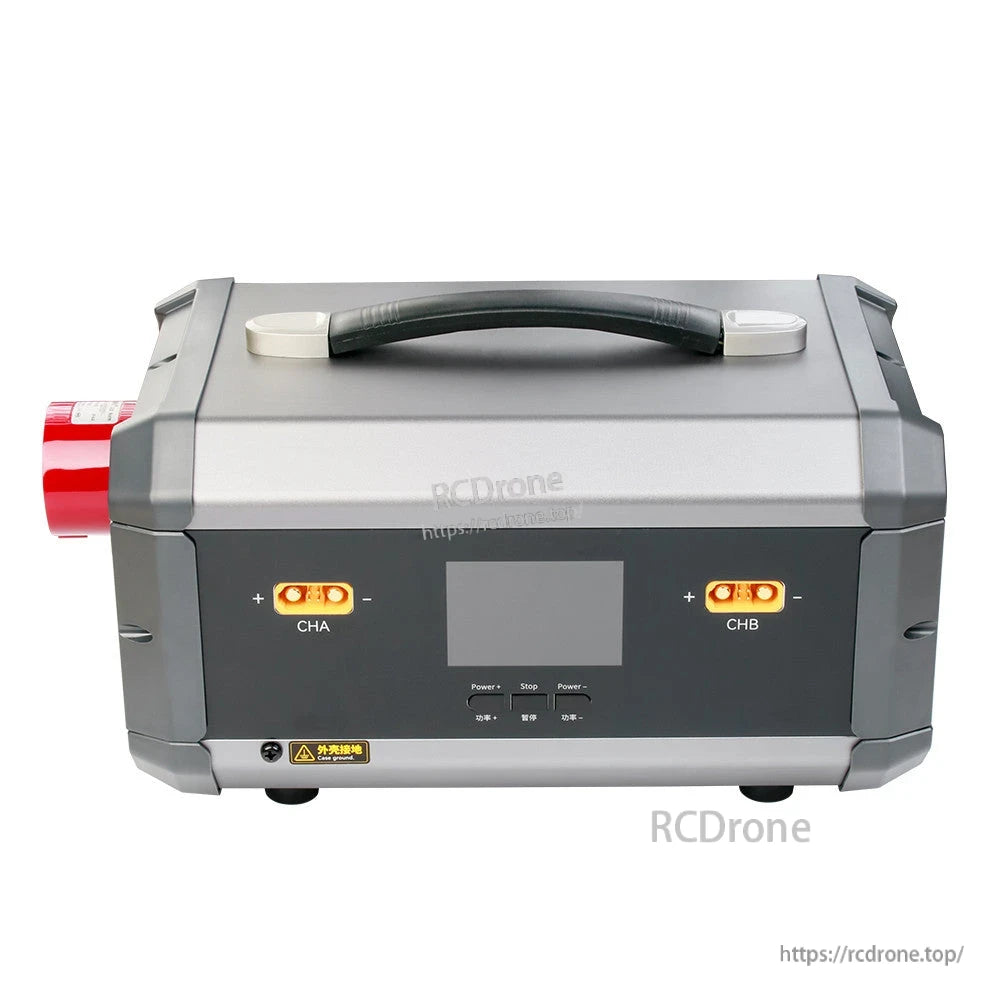 TATTU TA7200 dual-channel smart charger with handle, CHA/CHB XT60-style ports, and center display