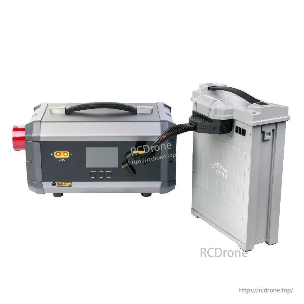 TATTU TA7200 dual-channel smart charger with built-in handle, front display, and connected battery pack