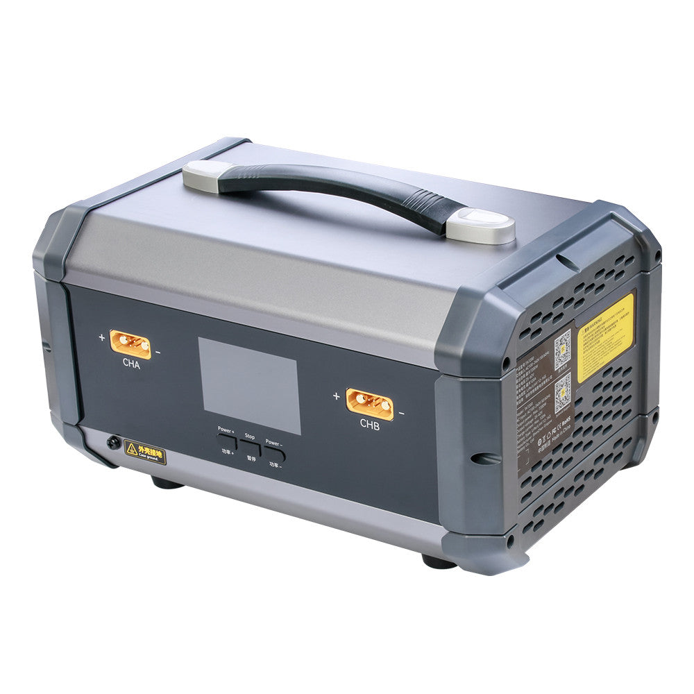 TATTU TA7200 Dual-Channel Smart Charger, TATTU TA7200 dual-channel smart battery charger with carry handle, LCD screen, and CHA/CHB XT60 ports