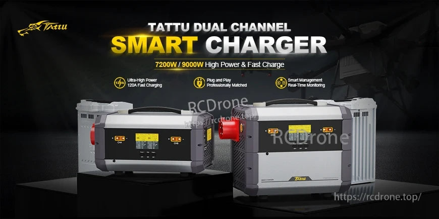 TATTU TA7200 dual-channel smart charger with carry handle, LCD screen, and dual output connectors