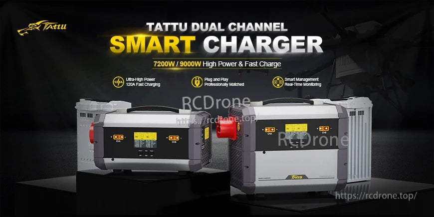 TATTU TA7200PRO Dual Channel Smart Charger, Tattu dual channel smart charger with carry handle, front LCD display, and high-power 7200W/9000W branding