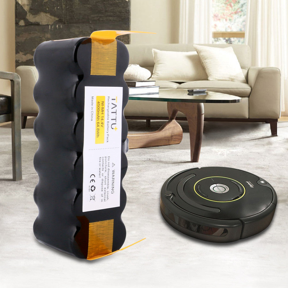 Tattu Ni-MH 14.4V 4500mAh replacement battery pack for iRobot Roomba, shown next to a Roomba vacuum