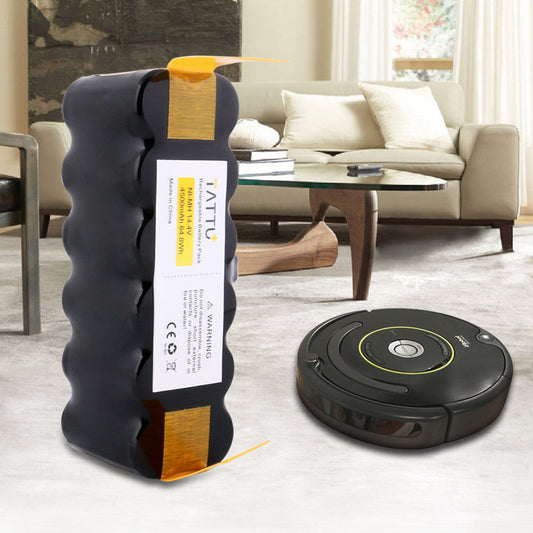 Tattu Ni-MH 14.4V 4500mAh replacement battery pack for iRobot Roomba, shown next to a Roomba vacuum