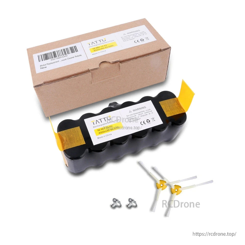 TATTU 14.4V 4500mAh Ni-MH Roomba replacement battery pack with box, screws, and side brushes