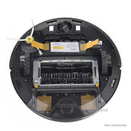 Underside of iRobot Roomba with TATTU Ni-MH replacement battery installed, labeled 14.4V 4500mAh