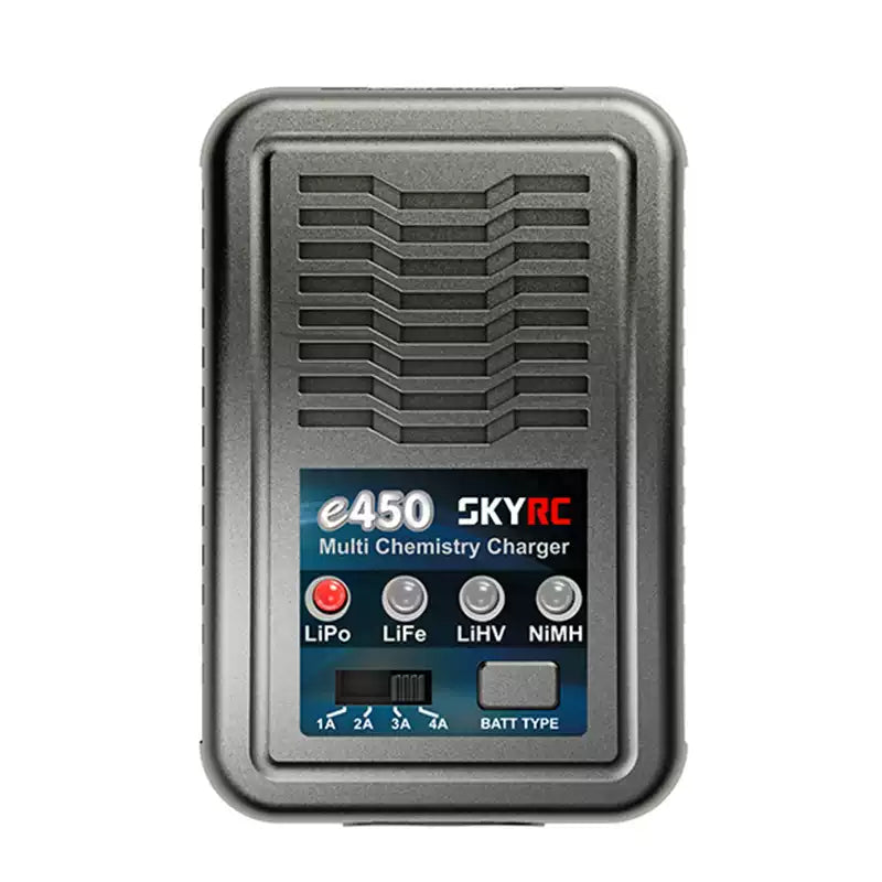 SkyRC e450 Multi Chemistry Balance Charger, SkyRC e450 multi-chemistry battery charger with front label, LiPo/LiFe/LiHV/NiMH type buttons and 1A–4A selector