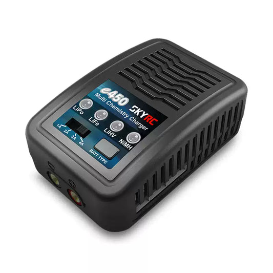 SkyRC e450 multi chemistry balance charger with vented case and front buttons for LiPo, LiFe, LiHV and NiMH
