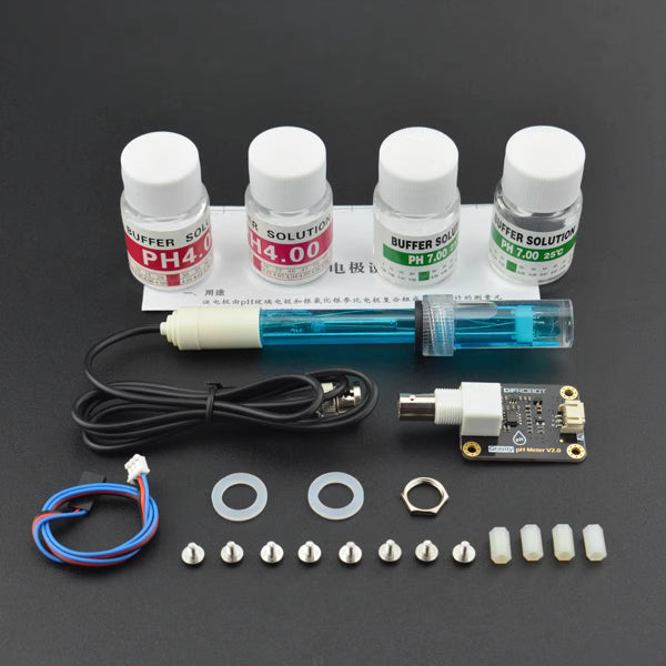 DFRobot SEN0161-V2 pH sensor kit includes calibration solutions, electrode, cable, connector, and accessories for Arduino/Raspberry Pi.