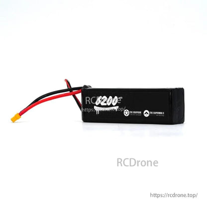 Side profile of the 6200mAh battery pack with power lead and yellow XT60 connector