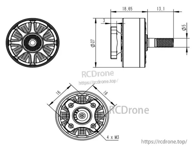 TBS Chupito EX2207 2000KV Brushless Motor dimensions and 16 x 16 mm M3 mounting pattern