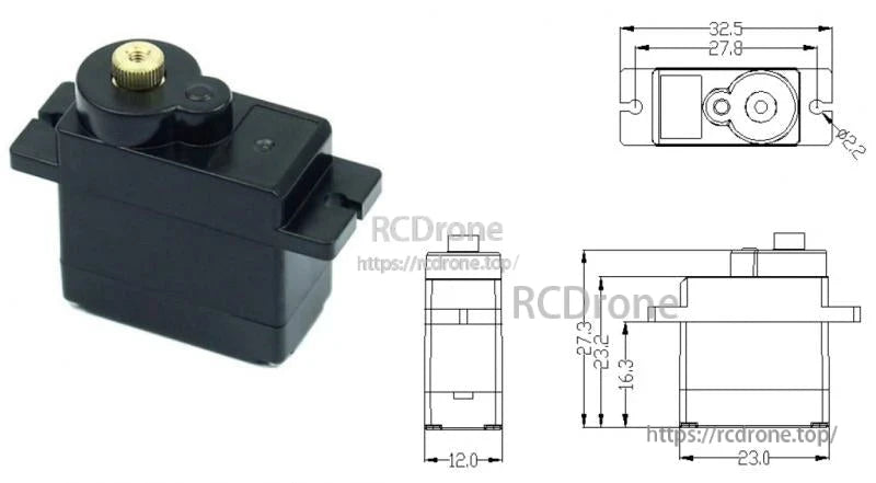Black compact RC servo with watermarked technical dimension diagram and side measurements