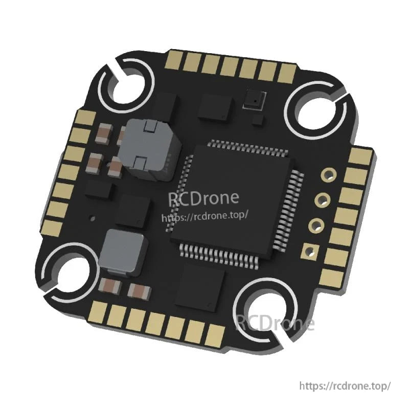 Flight controller underside showing central chip and gold edge pads