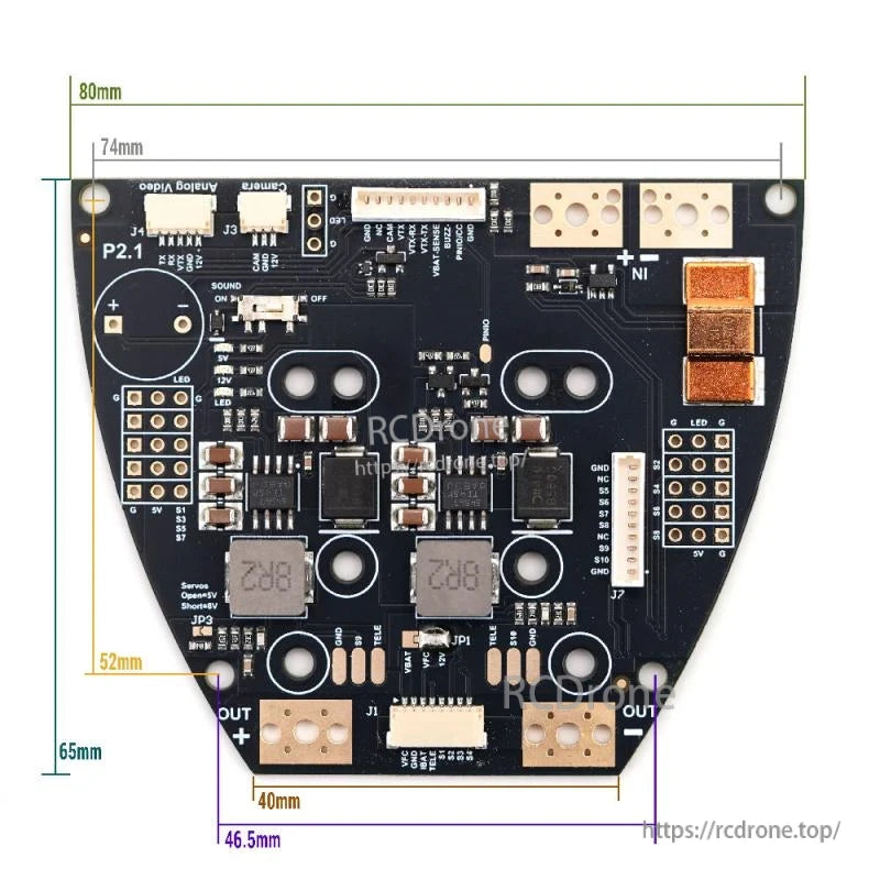 board dimensional diagram showing 80 mm width and mounting layout
