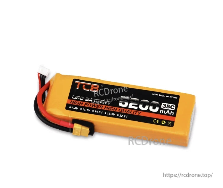 High-quality TCB LiPo battery, 5200mAh 35C, 7.4V–22.2V, XT60 plug, ideal for high-power RC models.