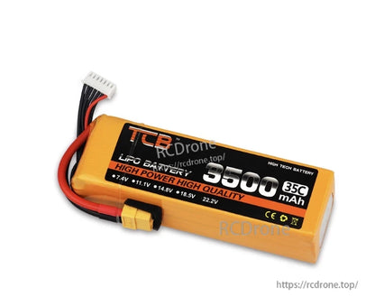 TCB 3500mAh 35C LiPo Battery, TCB LiPo Battery 3500mAh 35C, 7.4V–22.2V with XT60 plug, offers high power and quality for FPV drones, RC planes, helicopters, and cars. (24 words)