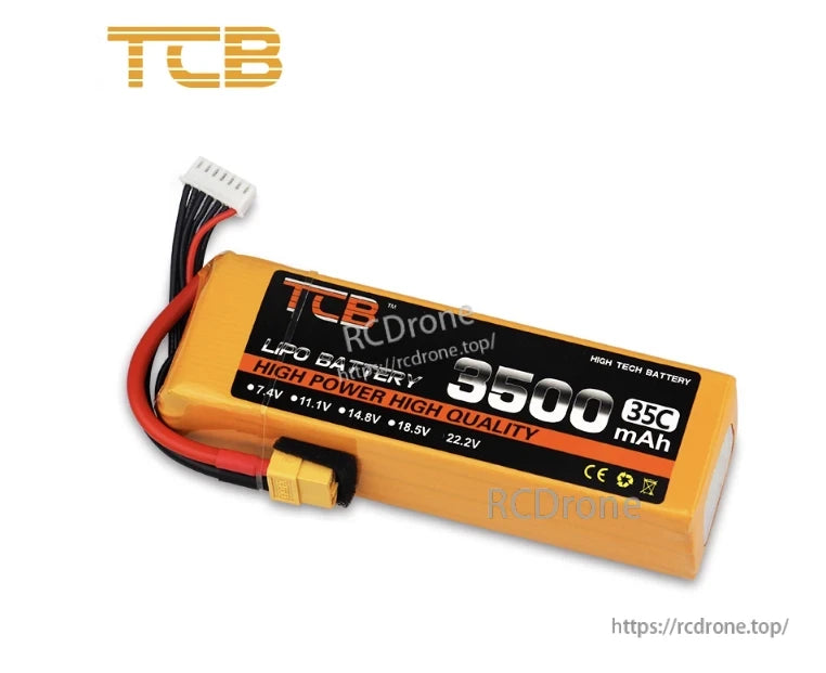 TCB 3500mAh 35C LiPo battery, 7.4V-22.2V, high power, CE certified, yellow casing with connector, durable and reliable for drone use.