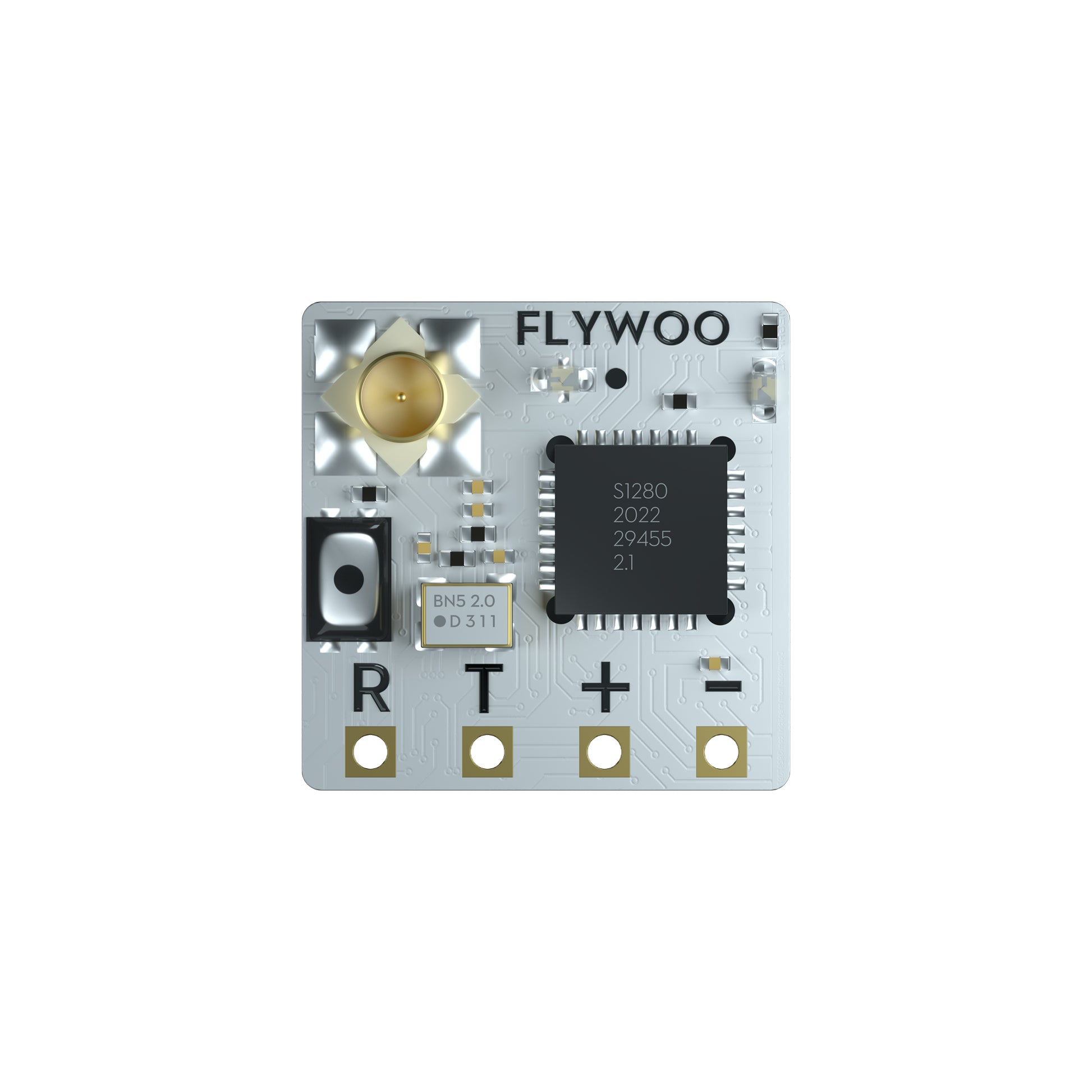 Flywoo TCXO 2.4G ELRS Receiver, Flywoo 2.4G ELRS receiver PCB with RF antenna connector and R/T/+/- solder pads on a compact board