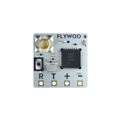 Flywoo TCXO 2.4G ELRS Receiver, Flywoo 2.4G ELRS receiver PCB with RF antenna connector and R/T/+/- solder pads on a compact board