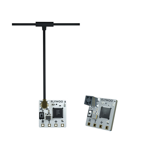 Flywoo TCXO 2.4G ELRS Receiver, Flywoo 2.4G ELRS micro receiver boards with T antenna and solder pads labeled R, T, + and -