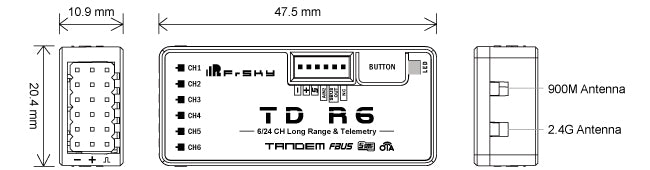 FrSky TD R6 Receiver - 2.4G 900M Tandem Dual-Band Receiver with 6 Channel Ports 4 FrSky TD R6 Receiver, 2.4G&900M dual-band TD mode Dual-band antenna design for multi