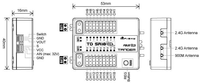 FrSky TD SR18 Receiver - 2.4Ghz & 900Mhz Tandem Dual-Band Receiver with 18CH Ports 2 FrSky TD SR18 Receiver, 2.4G Antenna GND ICceL VOUT F3Us