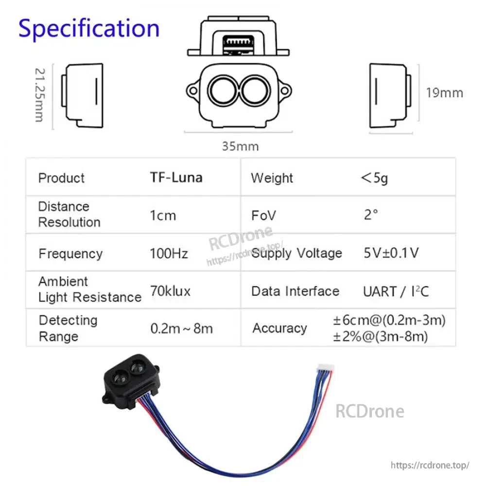 TF-Luna ToF Lidar Ranging Sensor, Miniature TF-Luna ToF Lidar: 35×21.25×19mm, <5g, 0.2–8m range, 1cm resolution, 100Hz, ±6cm/±2% accuracy, 70klux ambient light resistance, 5V, UART/I²C.