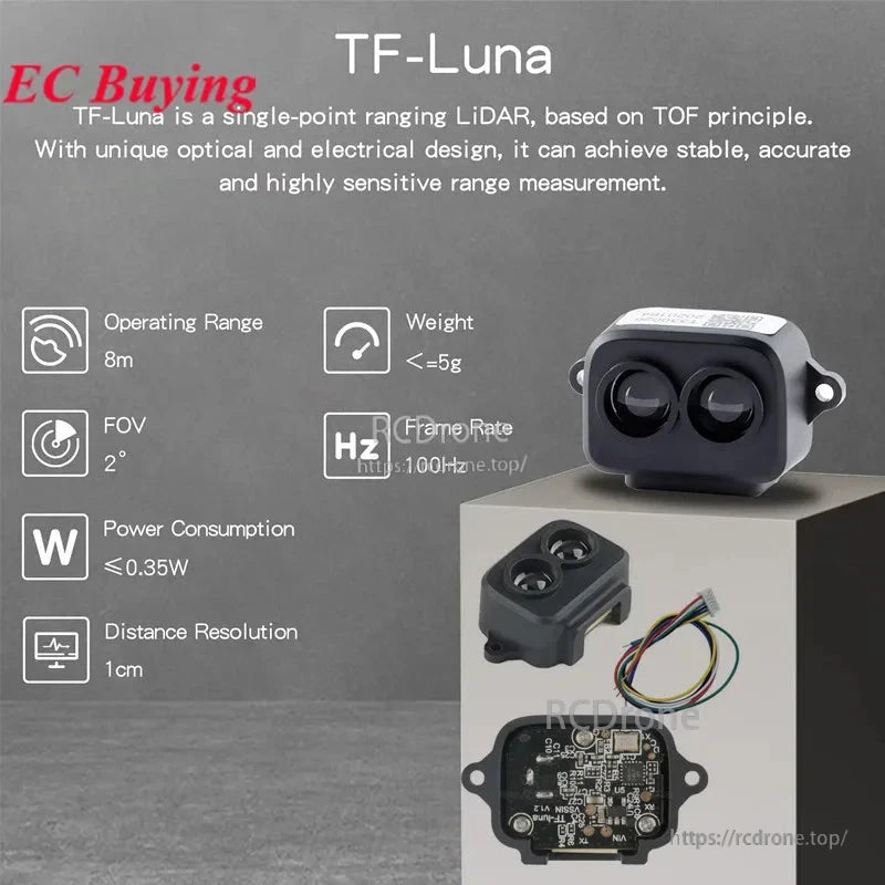 TF-Luna ToF Lidar Ranging Sensor, TF-Luna is a lightweight, low-power LiDAR with 8m range, 1cm resolution, 100Hz rate, UART/I2C support, and compact design, ideal for precise distance sensing in drones and robotics.