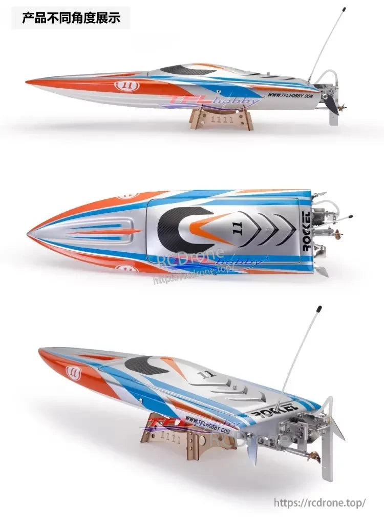 TFL 1111 Fiberglass RC Boat features a vibrant design, high-speed performance, and multi-angle viewing for an immersive remote-controlled boating experience.