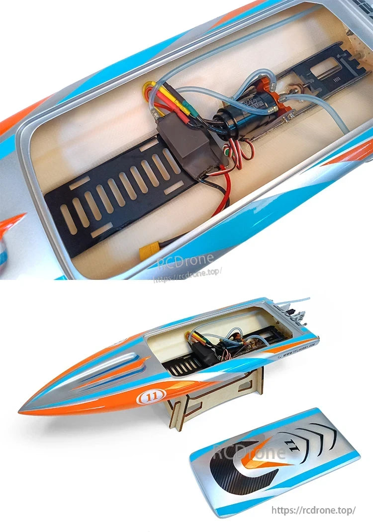 TFL 1111 Fiberglass RC Boat, The TFL 1111 is a fiberglass RC boat with a V-shaped hull, measuring 650x200x110mm.