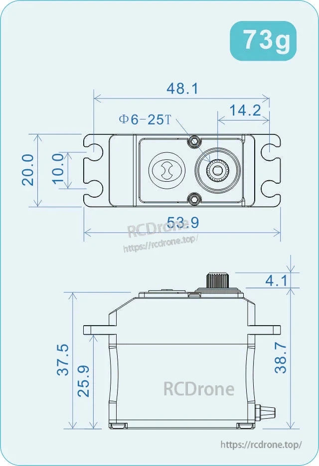 THETA Razor-C1 NFC HV Standard Brushless Servo, Dimension drawing of THETA Razor-C1 HV brushless servo, 73g, with 25T spline and 53.9 x 20mm mounting layout.