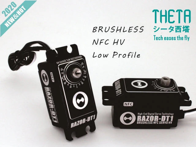 THETA Razor-DT1 low profile brushless HV tail servo with NFC label, shown in two mounting orientations