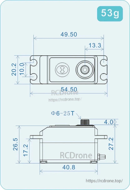 Dimension drawing of THETA Razor-DT1 low profile tail servo showing 54.5 mm length, 20.2 mm height, 53 g weight