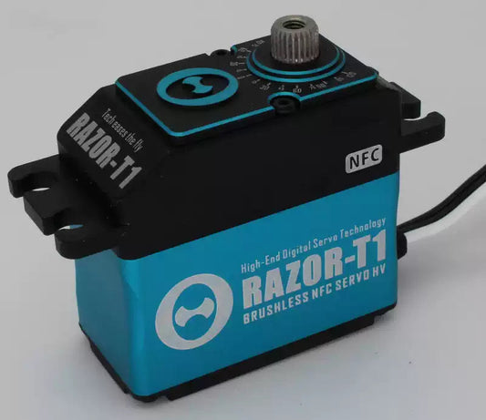THETA Razor-T1 brushless NFC HV tail servo in black and teal case with metal output spline and lead wire
