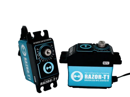 THETA Razor-T1 brushless tail servo with blue case, NFC label, metal output spline, and mounting tabs
