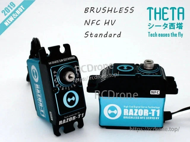 THETA Razor-T1 brushless NFC HV tail servo with blue-and-black case, metal output spline, and lead wire