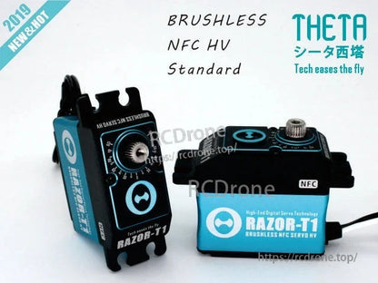 THETA Razor-T1 brushless NFC HV tail servo with blue-and-black case, metal output spline, and lead wire