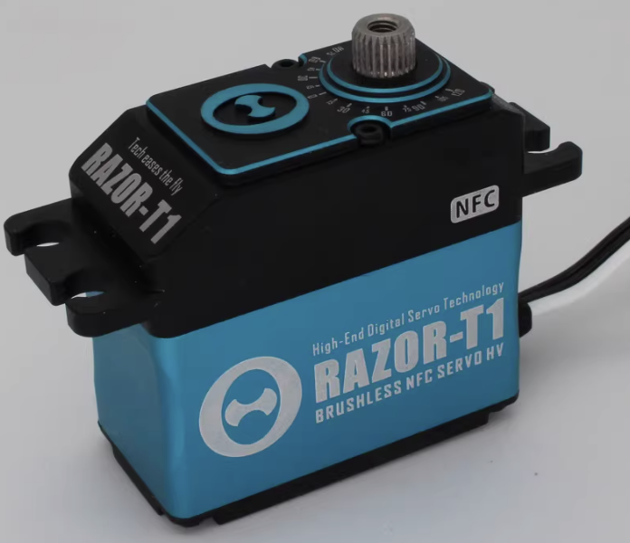 THETA Razor-T1 brushless tail servo with blue aluminum case, NFC label, and metal output spline on top