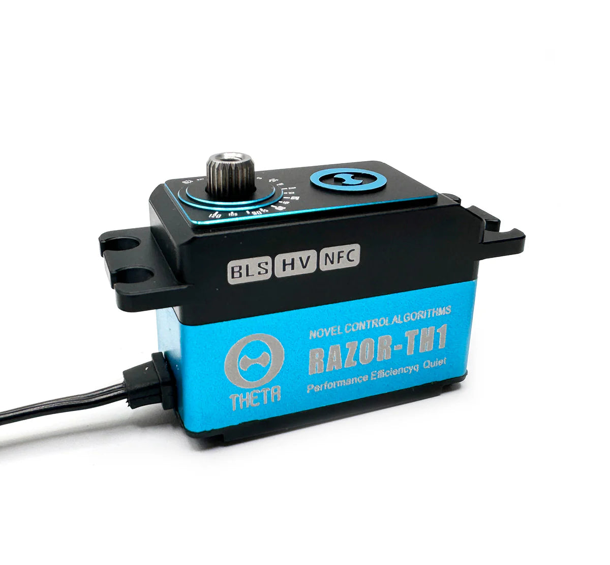 THETA Razor-TH1 low profile brushless HV NFC tail servo with blue case, mounting tabs, and output spline