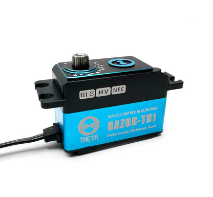 THETA Razor-TH1 low profile brushless HV NFC tail servo with blue case, mounting tabs, and output spline