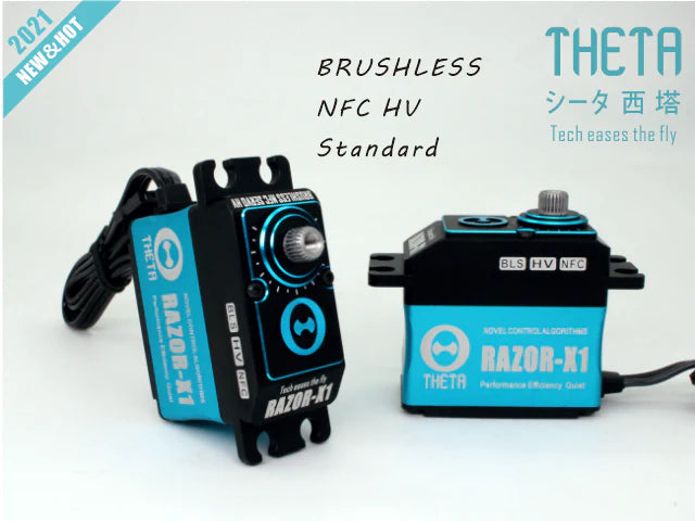 THETA Razor-X1 NFC HV Standard Brushless Servo, THETA Razor-X1 standard brushless HV NFC servo with blue case, mounting tabs, and included programming module