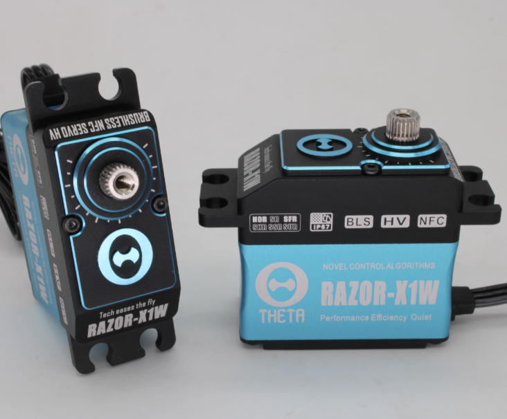 THETA Razor-X1W brushless HV servo with blue aluminum case, output spline, and BLS HV NFC IP67 labels